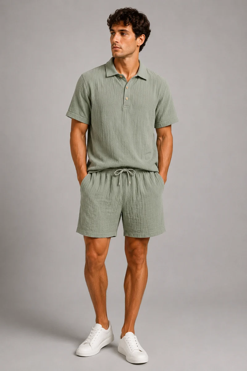 Set polo e pantaloncini in lino e cotone | Outfit casual manica corta