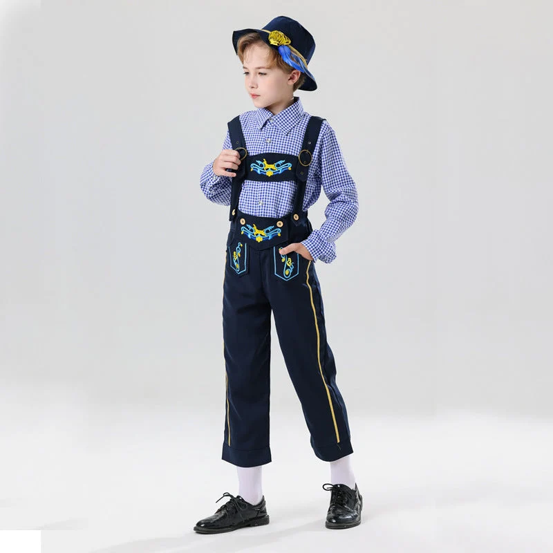 Herren nan bestickte Kindertracht Latzhose mit verstellbaren Hosenträgern und Kontrastnähten Drune