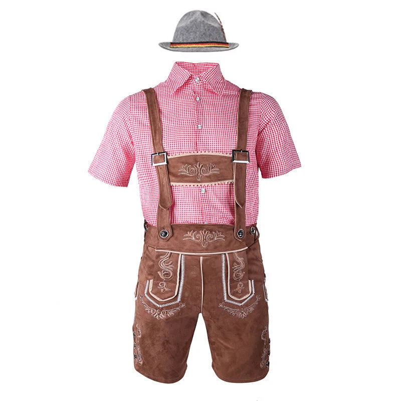 Herren nan traditionelle Trachtenlederhose mit bestickten Hosenträgern, kariertem Trachtenhemd und Filzhut Drune