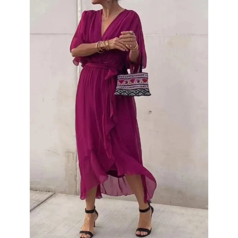 Camila Damen-Midikleid mit V-Ausschnitt und Gürtel