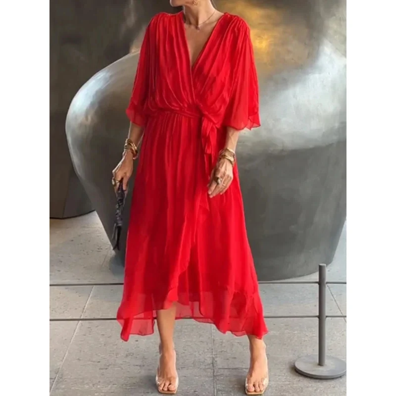 Camila Damen-Midikleid mit V-Ausschnitt und Gürtel
