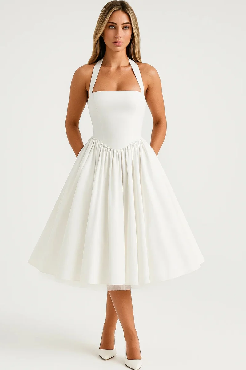 Abito midi da donna con collo halter linea a | Abito da cerimonia