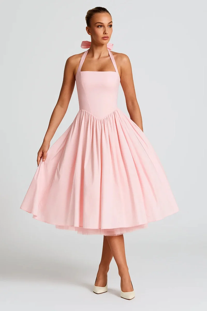 Abito midi da donna con collo halter linea a | Abito da cerimonia