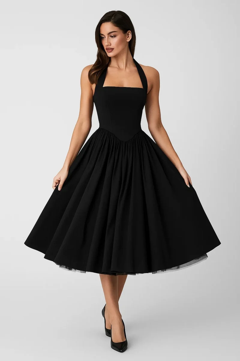 Abito midi da donna con collo halter linea a | Abito da cerimonia