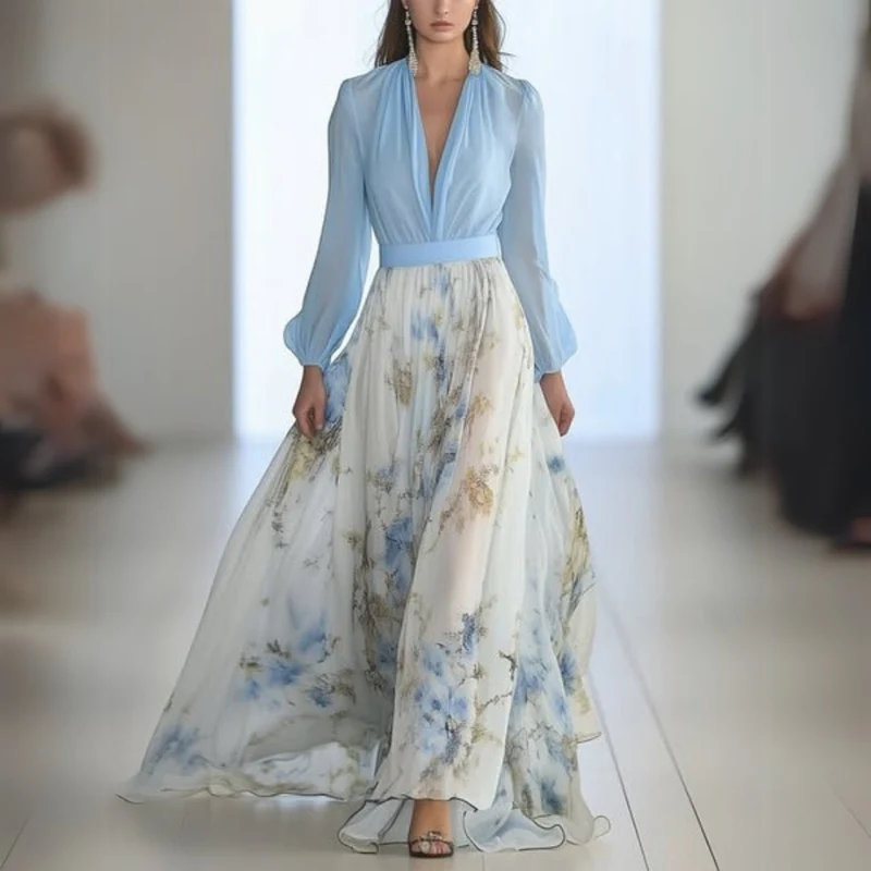 April | Damen Maxikleid mit V-Ausschnitt und Blumenmuster