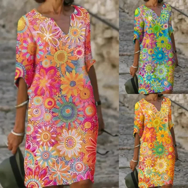 Kleid mit Blumendruck und V-Ausschnitt | Damen Frühlingskleid