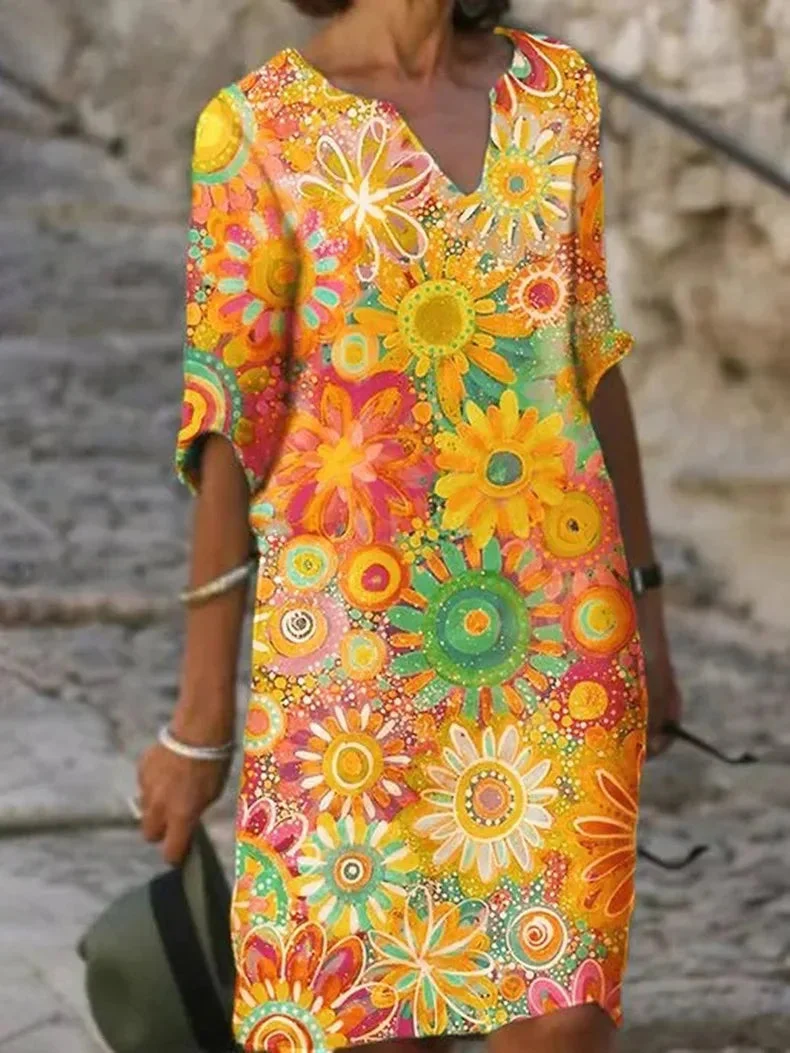 Kleid mit Blumendruck und V-Ausschnitt | Damen Frühlingskleid