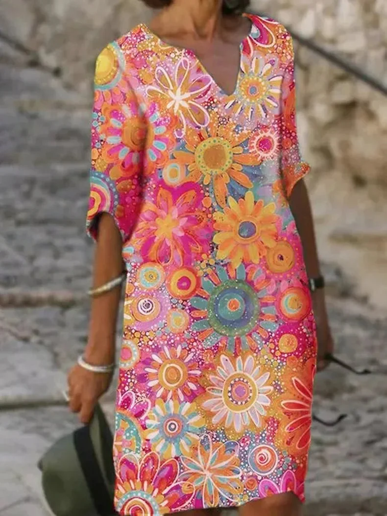 Kleid mit Blumendruck und V-Ausschnitt | Damen Frühlingskleid