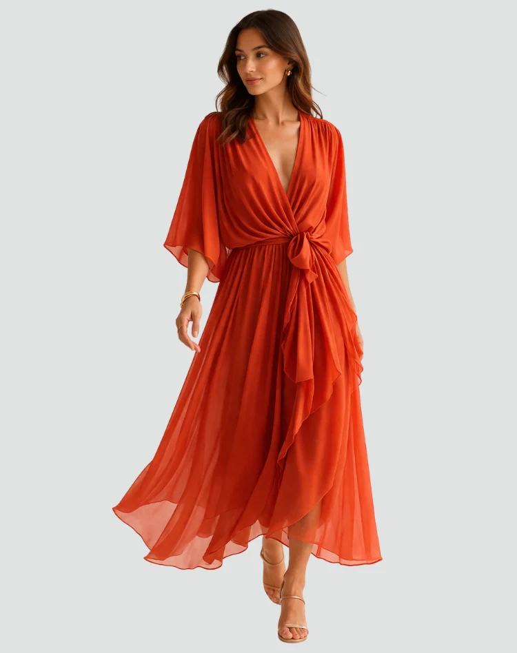 Abito midi da donna con scollo a incrocio e fiocco in vita per gala