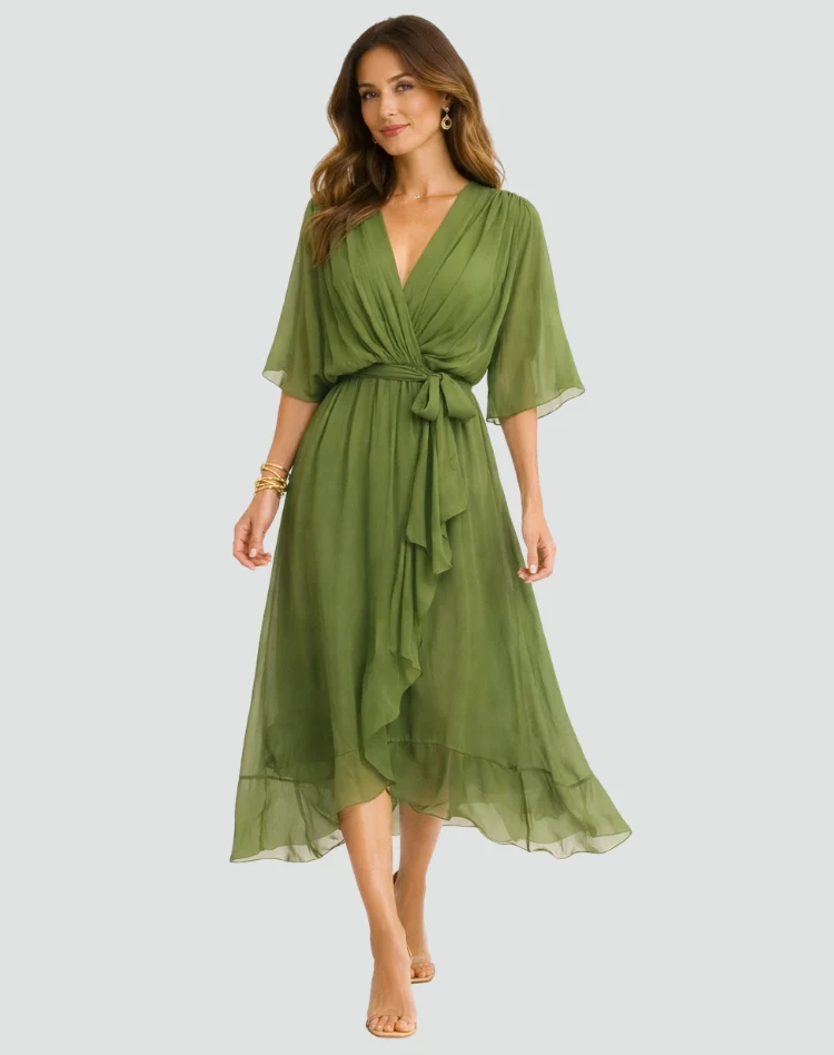Abito midi da donna con scollo a incrocio e fiocco in vita per gala