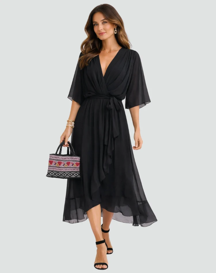 Abito midi da donna con scollo a incrocio e fiocco in vita per gala