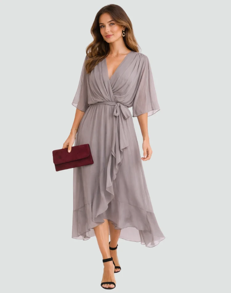 Abito midi da donna con scollo a incrocio e fiocco in vita per gala