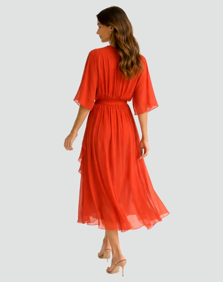 Abito midi da donna con scollo a incrocio e fiocco in vita per gala