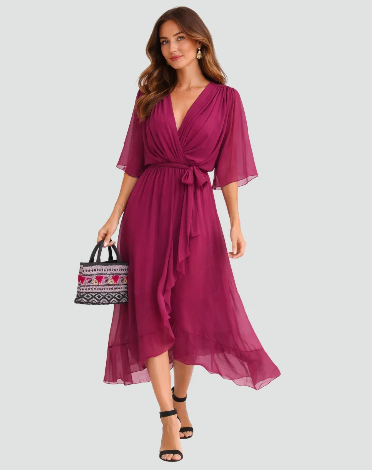 Abito midi da donna con scollo a incrocio e fiocco in vita per gala
