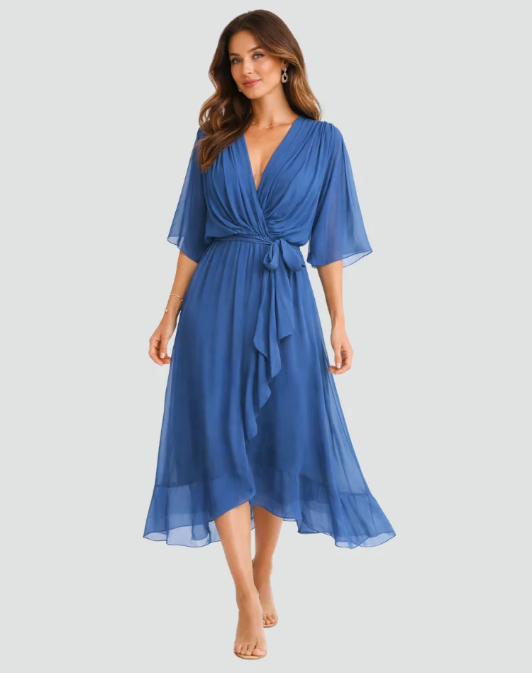 Abito midi da donna con scollo a incrocio e fiocco in vita per gala