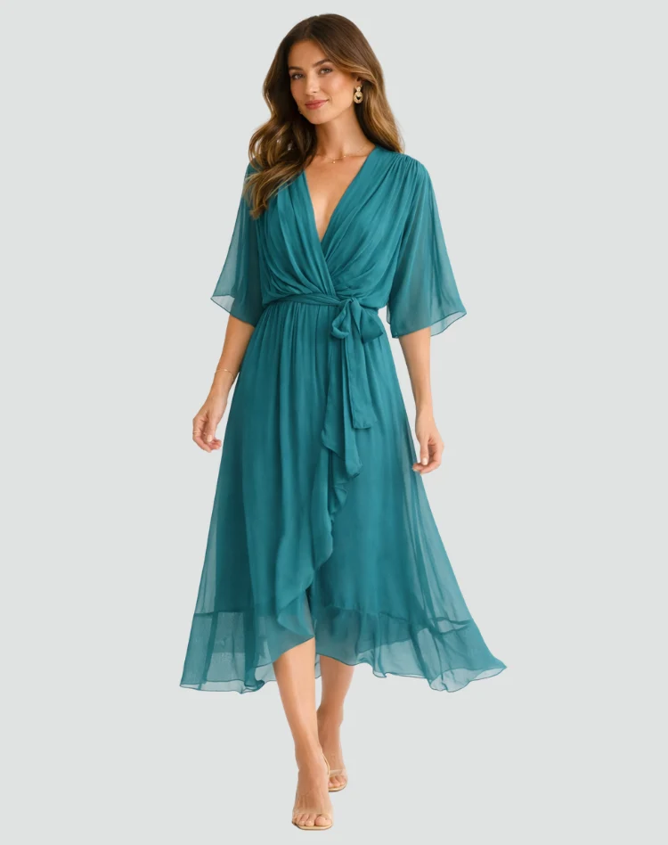 Abito midi da donna con scollo a incrocio e fiocco in vita per gala