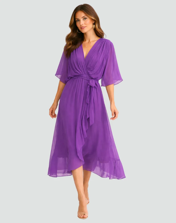 Abito midi da donna con scollo a incrocio e fiocco in vita per gala