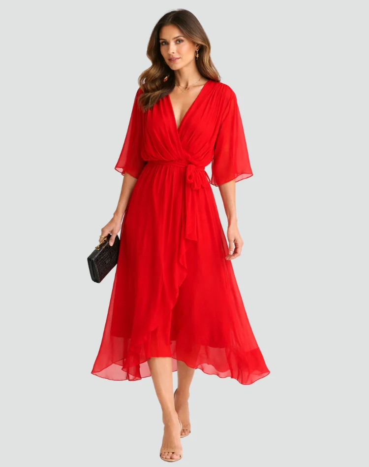 Abito midi da donna con scollo a incrocio e fiocco in vita per gala
