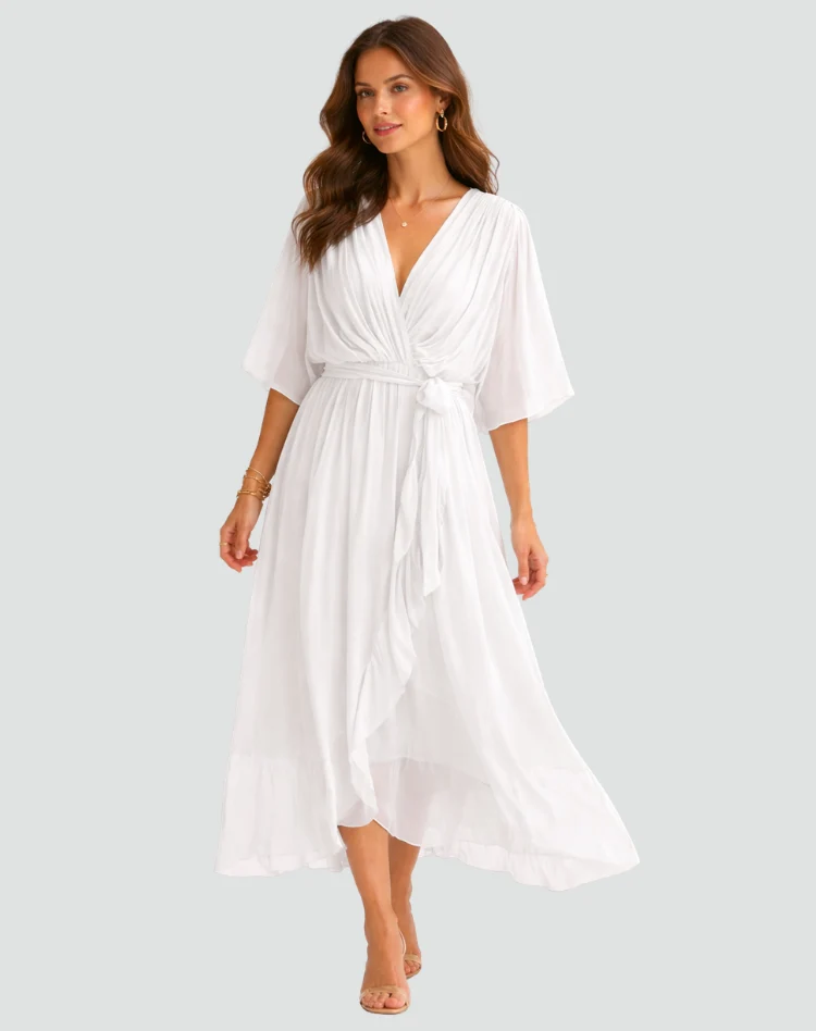 Abito midi da donna con scollo a incrocio e fiocco in vita per gala