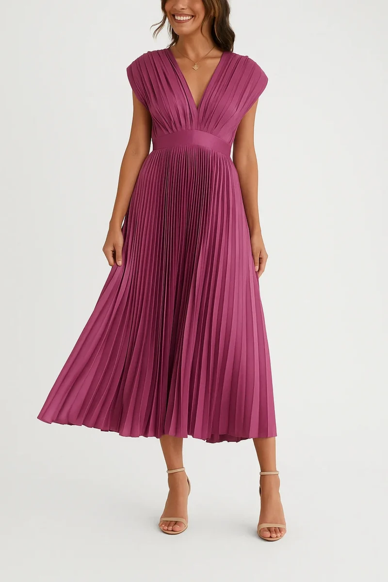 Plissiertes Midikleid mit V-Ausschnitt und Taillenband