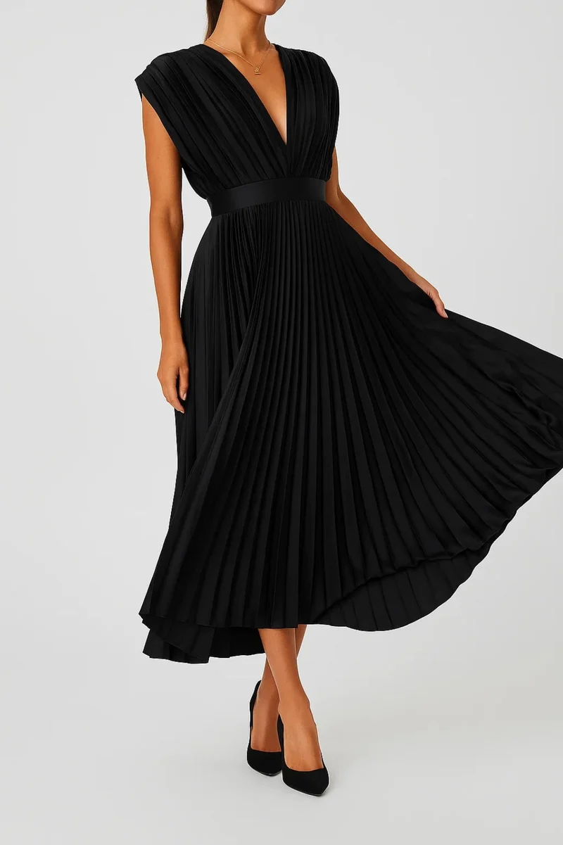Plissiertes Midikleid mit V-Ausschnitt und Taillenband