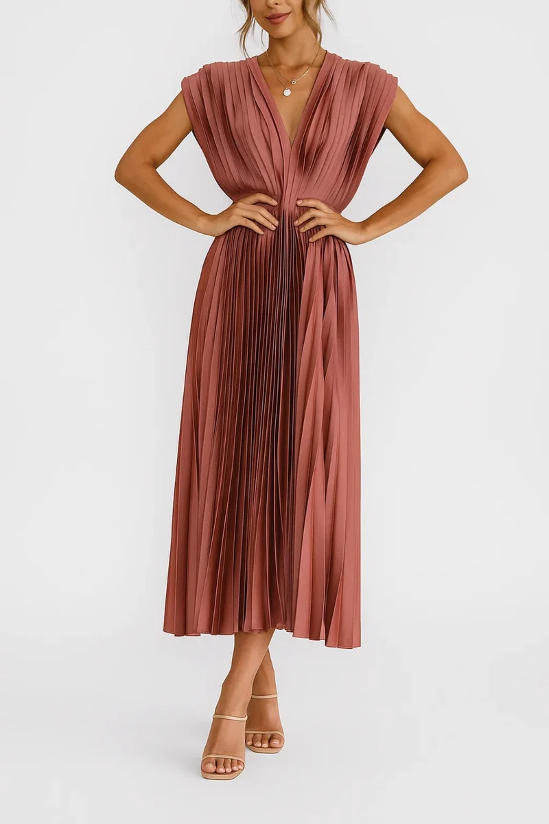 Plissiertes Midikleid mit V-Ausschnitt und Taillenband
