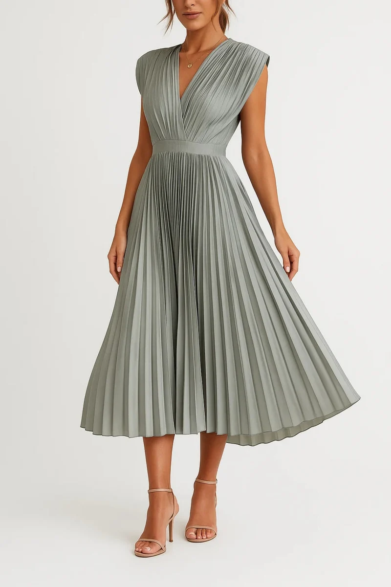 Plissiertes Midikleid mit V-Ausschnitt und Taillenband