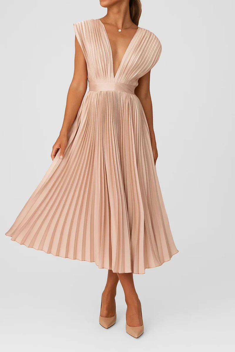 Plissiertes Midikleid mit V-Ausschnitt und Taillenband