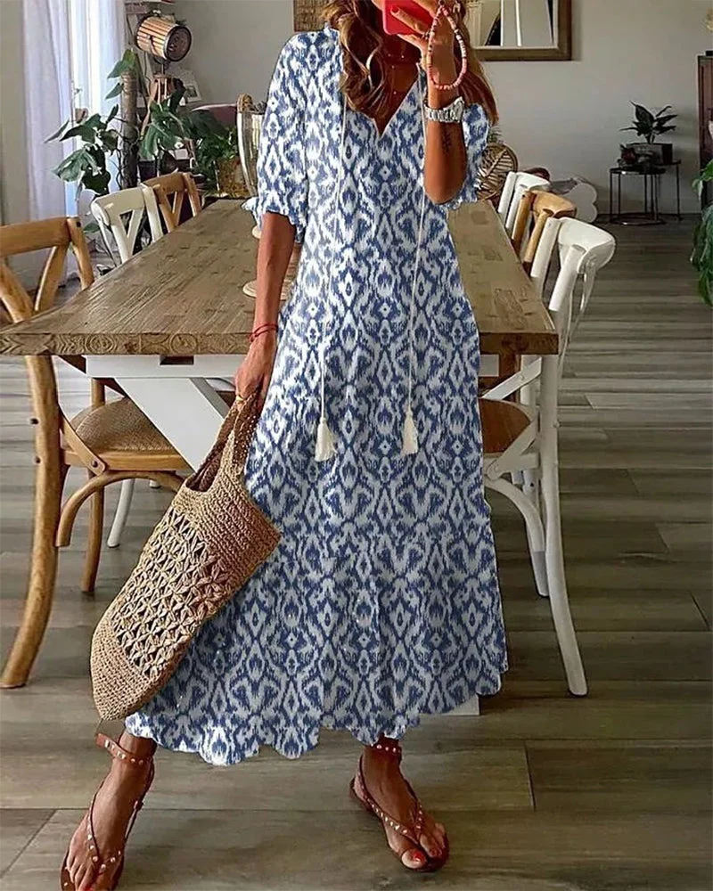 Anne | Damen Boho Kleid mit V-Ausschnitt und kurzen Ärmeln