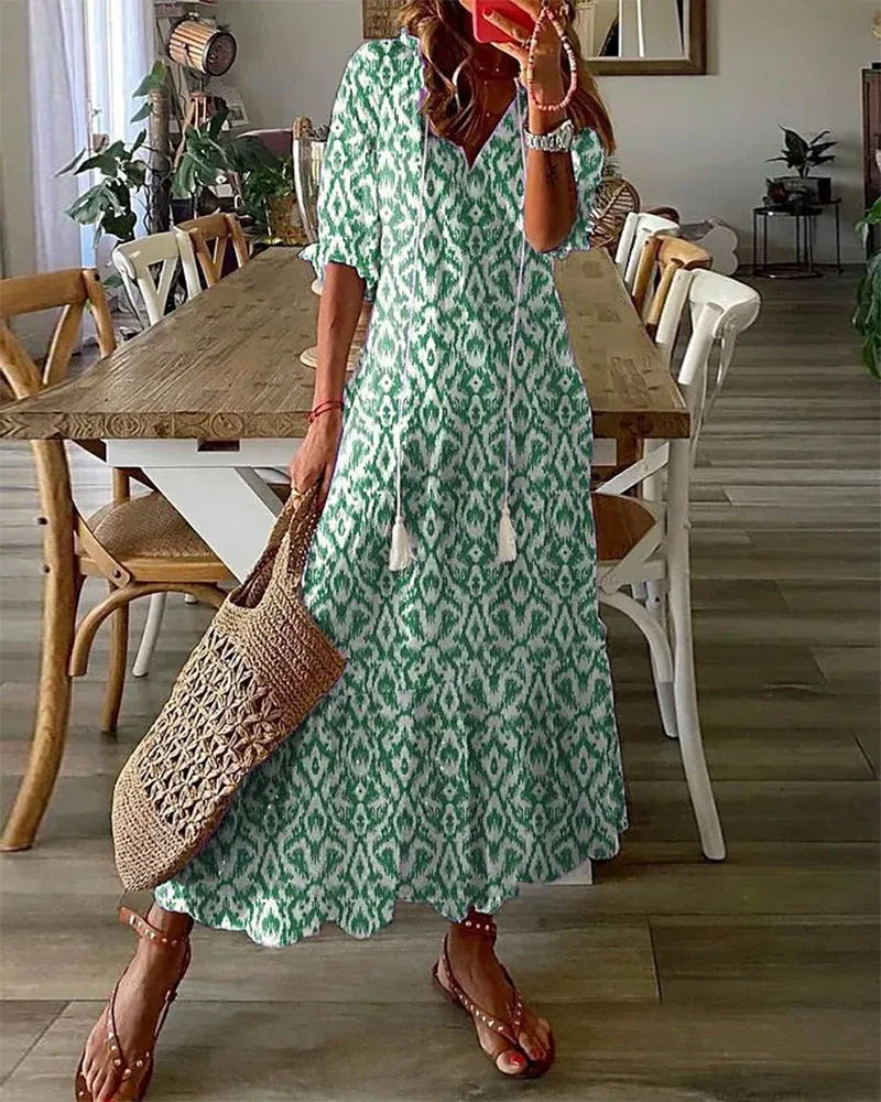 Anne | Damen Boho Kleid mit V-Ausschnitt und kurzen Ärmeln