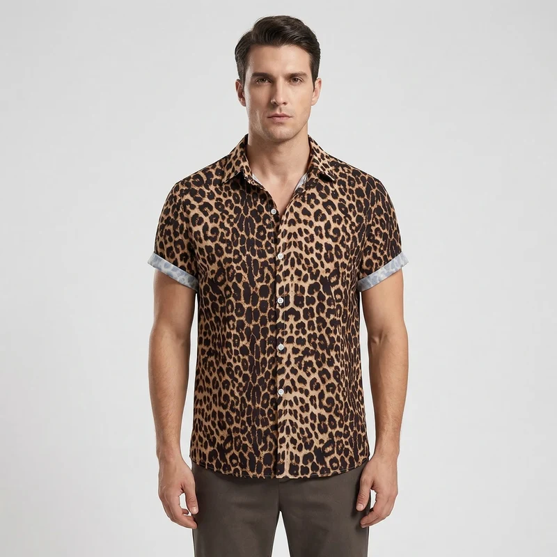 Leoprino | Camicia da uomo a maniche corte con motivo leopardato