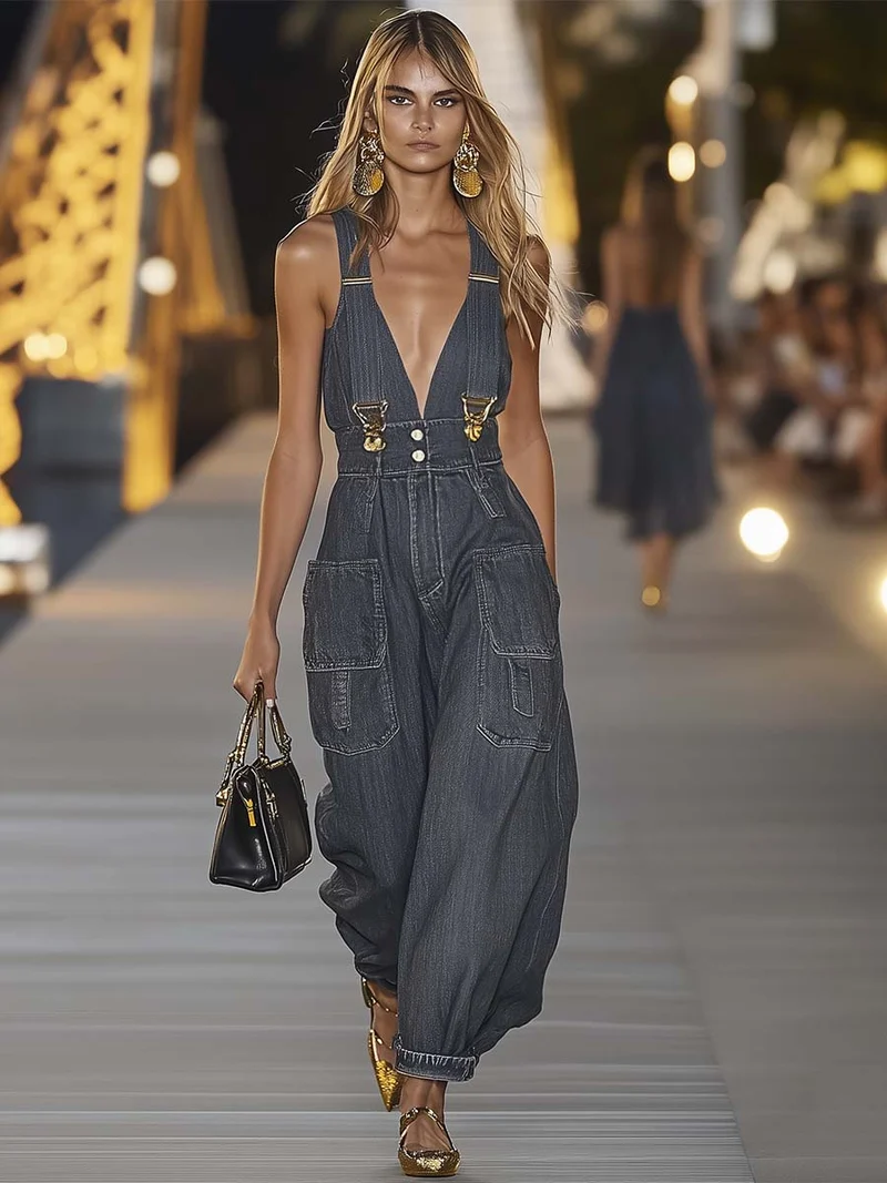 Tuta denim con scollo a V | Tuta alla moda per donna