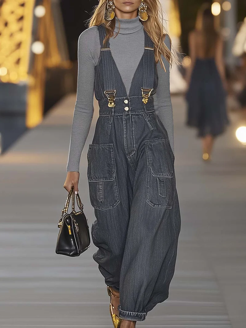 Tuta denim con scollo a V | Tuta alla moda per donna