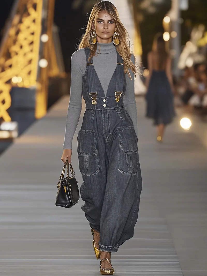 Tuta denim con scollo a V | Tuta alla moda per donna