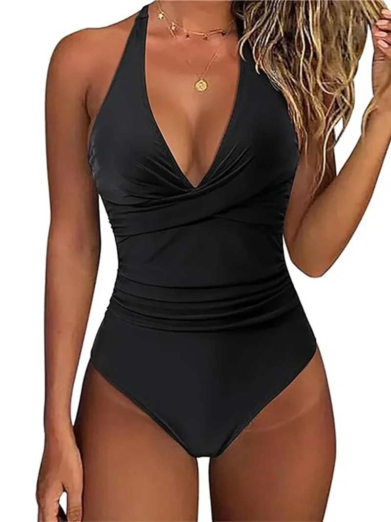 Costume da bagno donna con collo all'americana | moda mare snellente, intero con arricciatura