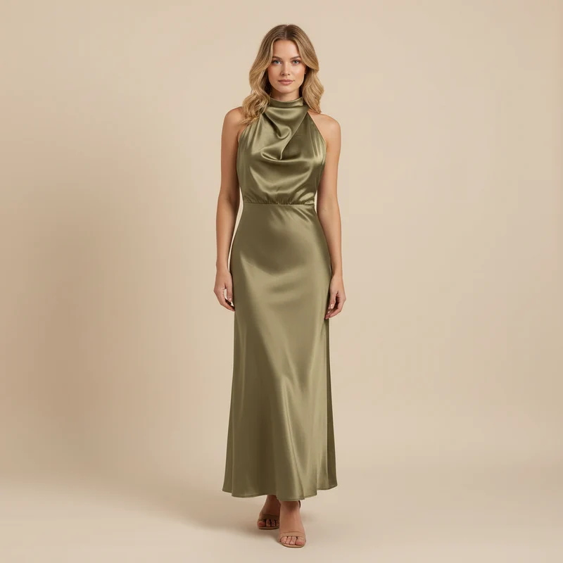 Abito da sera con collo alla coreana donna | Elegante vestito midi per matrimoni