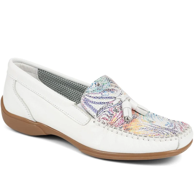 Embroided Panel Leather Loafers - CONT39001 / 325 241 - White Multi