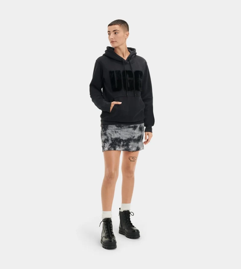UGG Damen Rey Fuzzy Logo Kapuzenpullover – Schwarz