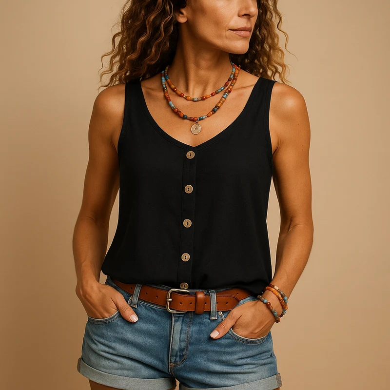 Top smanicato da donna con scollo a V | Moda estiva