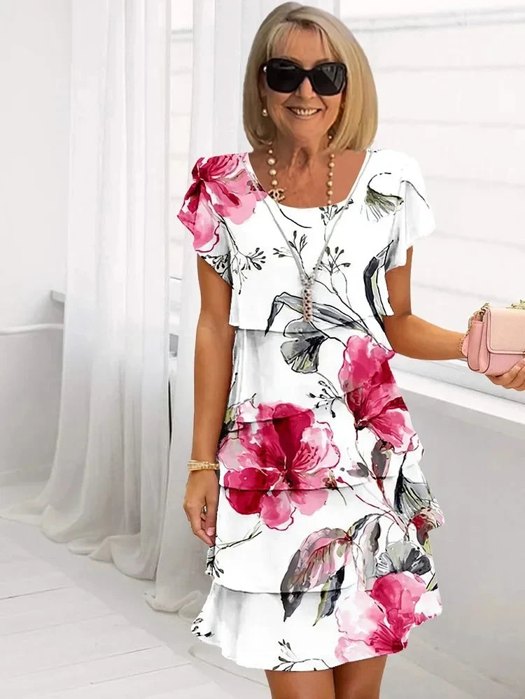 Abito estivo donna a fiori | Abito plissettato con volant, abito midi elegante