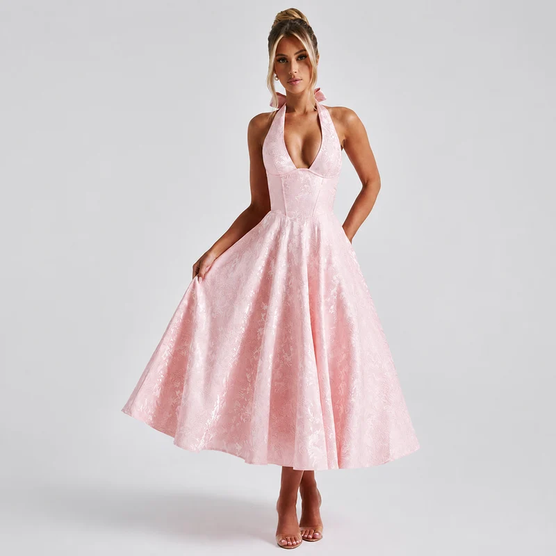 Dahlia - Stilvolles ärmelloses Kleid mit V-Ausschnitt und Neckholder