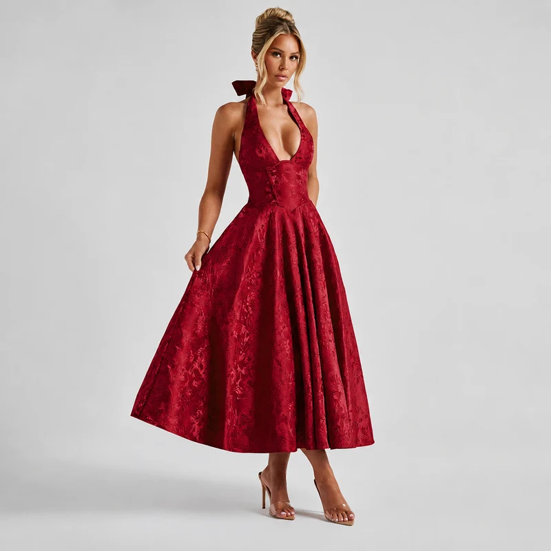 Dahlia - Stilvolles ärmelloses Kleid mit V-Ausschnitt und Neckholder