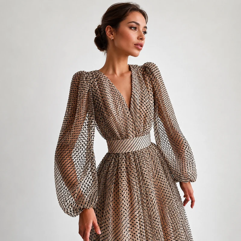 Emina - Stilvolles V-Ausschnitt Kleid mit langen Ärmeln