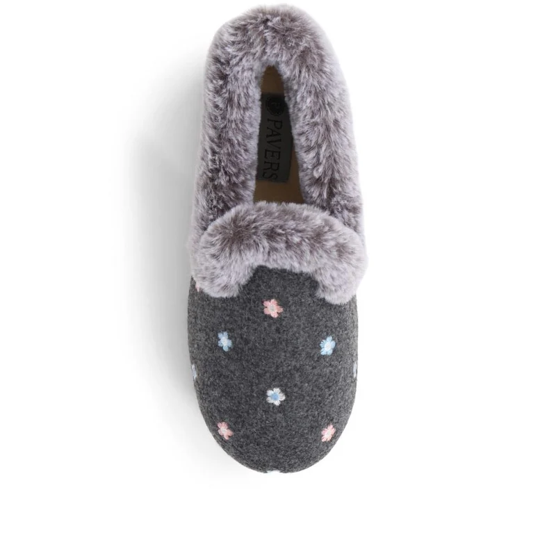 Floral Faux-Fur Slippers - QING38012 / 324 190 - Grey Floral
