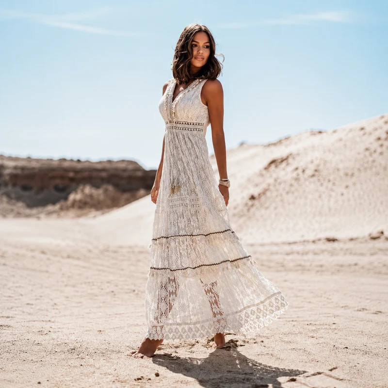 Flossie - Stilvolles Maxikleid mit V-Ausschnitt und hoher Taille