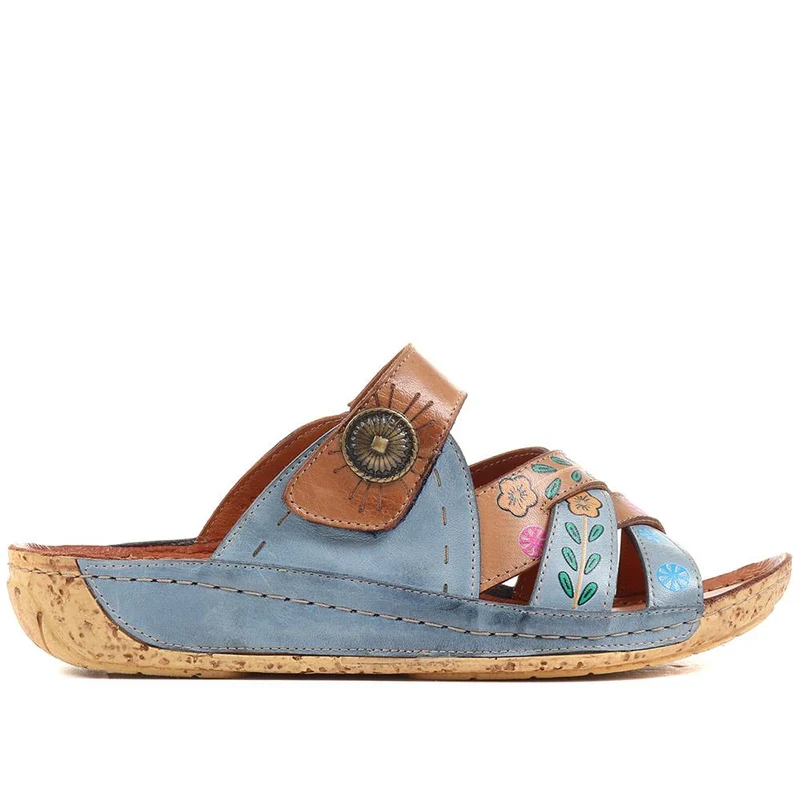Leather Mule Sandals - KARY37015 / 323 771 - Denim-Tan