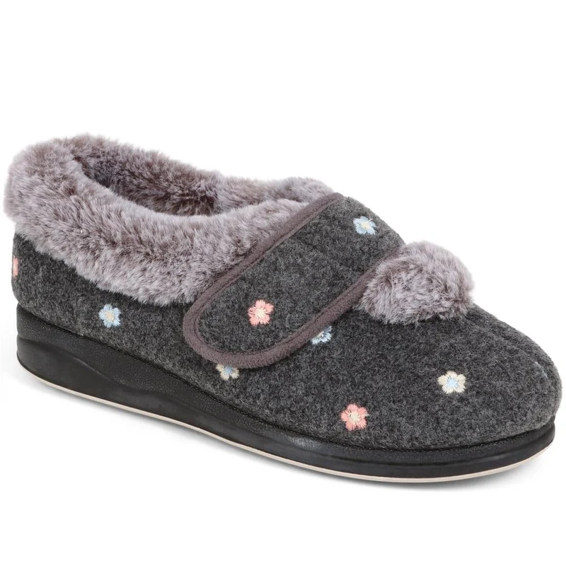 Extra-Wide Fit Faux-Fur Flower Slippers - LISBET / 324 143 - Grey
