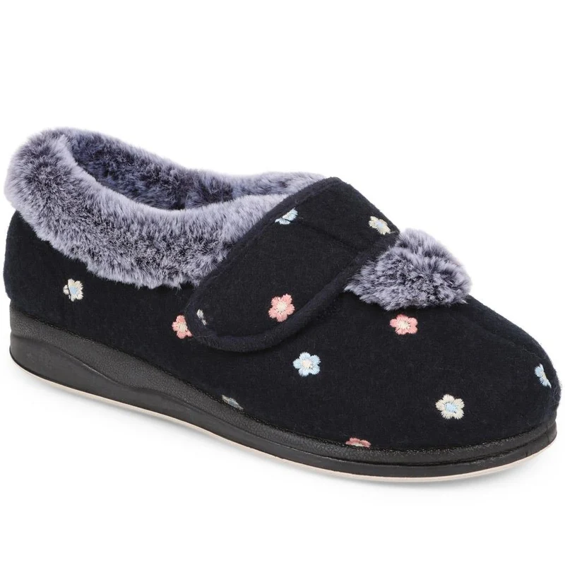 Extra-Wide Fit Faux-Fur Flower Slippers - LISBET / 324 143 - Navy