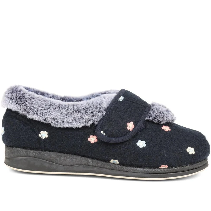 Extra-Wide Fit Faux-Fur Flower Slippers - LISBET / 324 143 - Navy