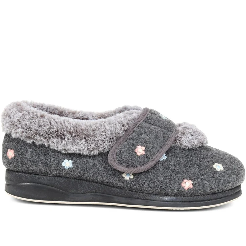 Extra-Wide Fit Faux-Fur Flower Slippers - LISBET / 324 143 - Grey